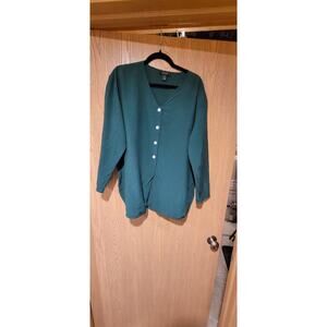 Silk House 100% Silk Blouse Womens M Green Button Front V Neck Long Sleeve top